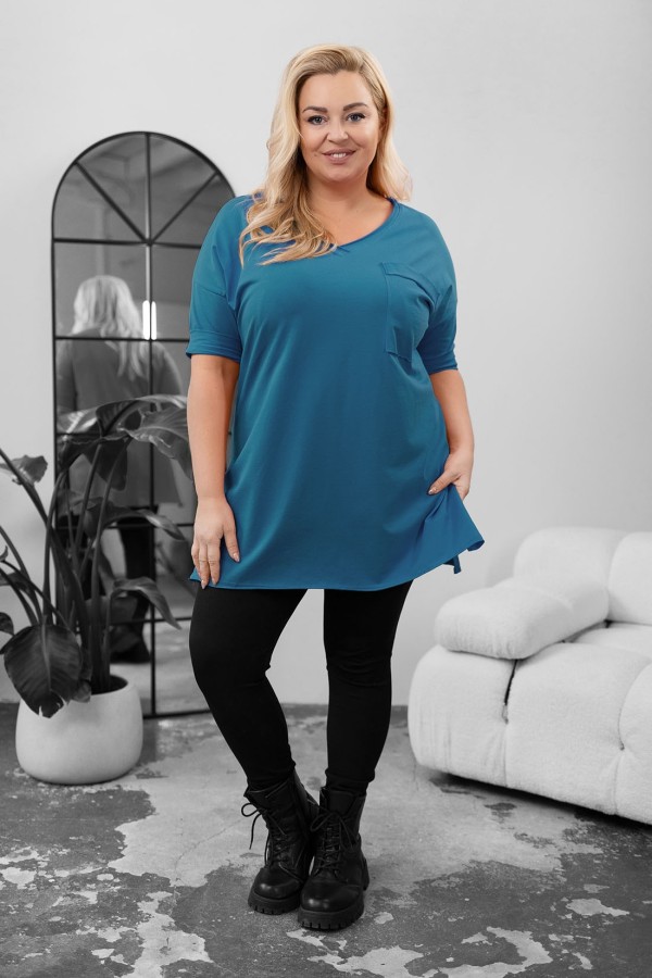 Tunika damska w kolorze morskim bluzka oversize v-neck kieszeń Polina 1