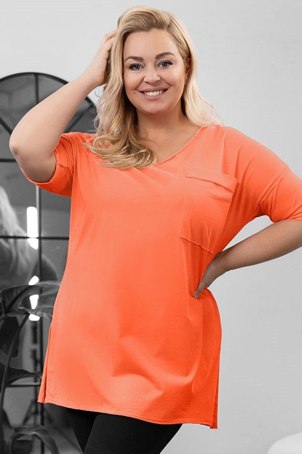 Tunika damska w kolorze brzoskwiniowym peach bluzka oversize v-neck kieszeń Polina