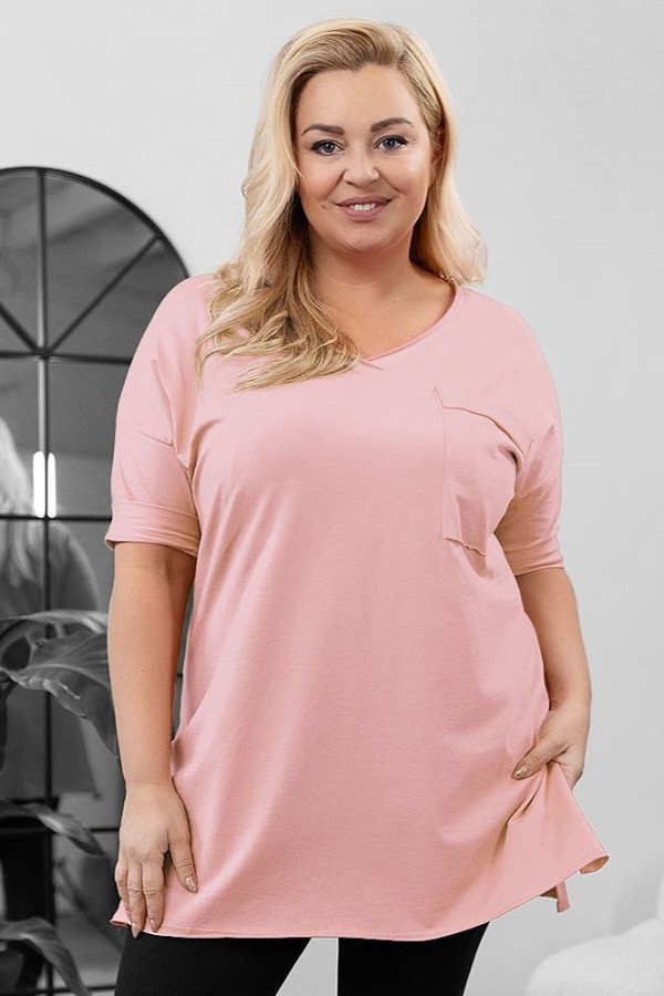 Tunika damska w kolorze pudrowego różu bluzka oversize v-neck kieszeń Polina