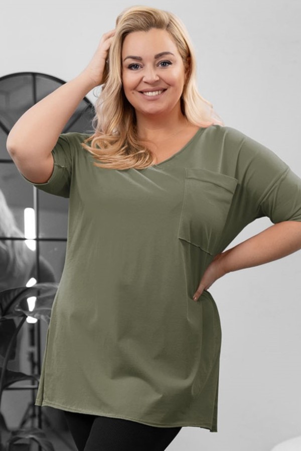 Tunika damska w kolorze khaki bluzka oversize v-neck kieszeń Polina