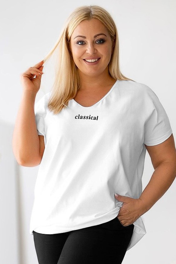 T-shirt damski plus size w kolorze białym dekolt w serek V-neck nadruk classical