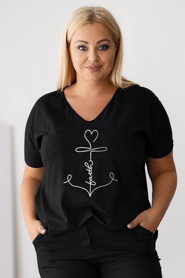 Bluzka damska T-shirt plus size w kolorze czarnym nadruk kotwica faith