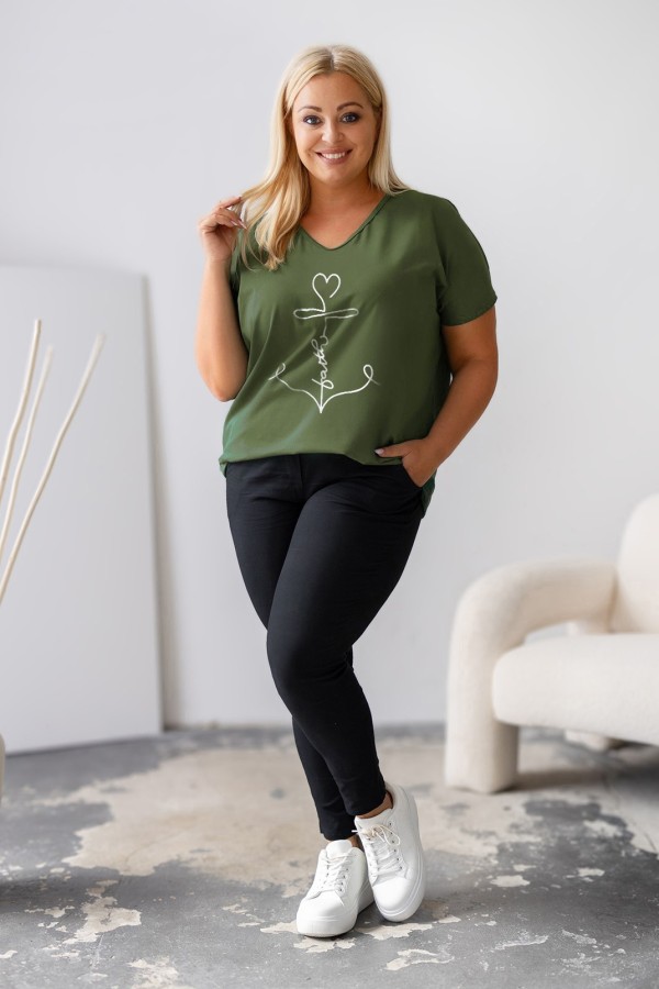Bluzka damska T-shirt plus size w kolorze khaki nadruk kotwica faith 1
