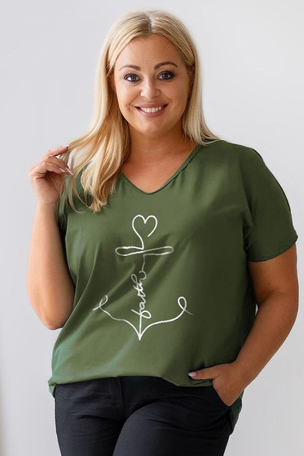 Bluzka damska T-shirt plus size w kolorze khaki nadruk kotwica faith