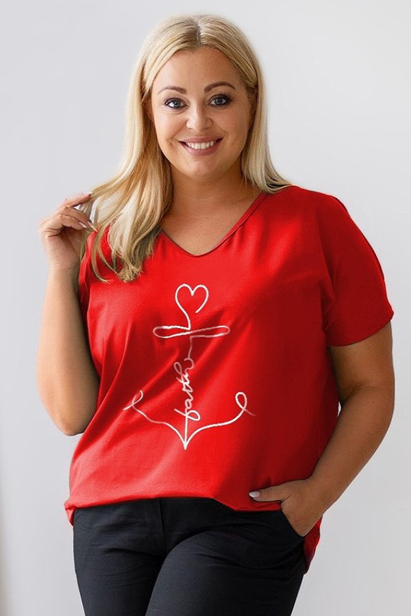Bluzka damska T-shirt plus size w kolorze czerwonym nadruk kotwica faith 2