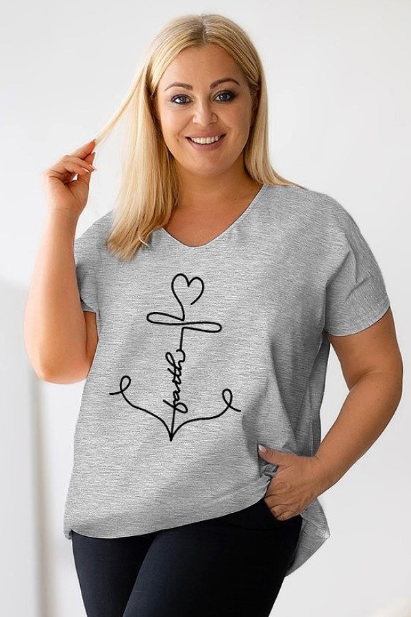 Bluzka damska T-shirt plus size w kolorze szary melanż nadruk kotwica faith