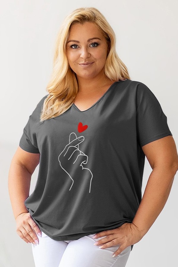 Bluzka damska T-shirt plus size w kolorze grafitowym nadruk dłoń hand