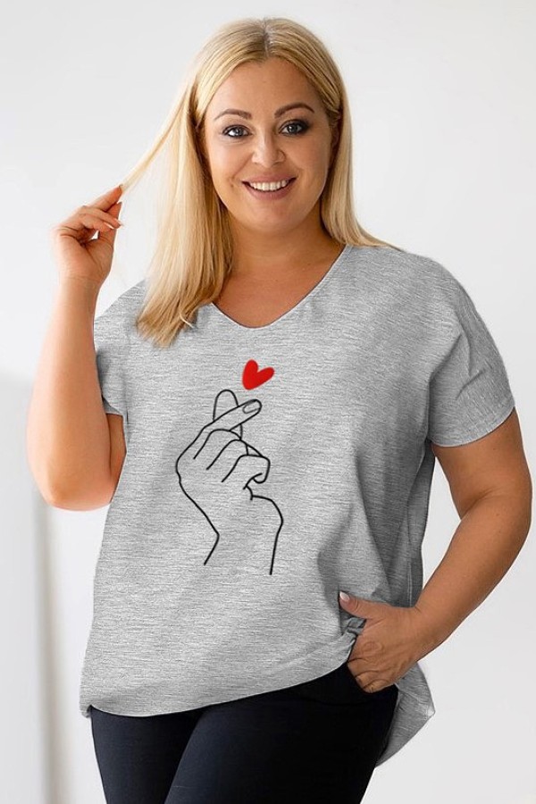 Bluzka damska T-shirt plus size w kolorze szary melanż nadruk dłoń hand