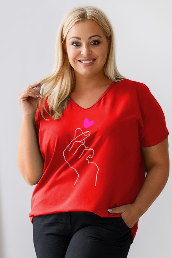 Bluzka damska T-shirt plus size w kolorze czerwonym nadruk dłoń hand 2