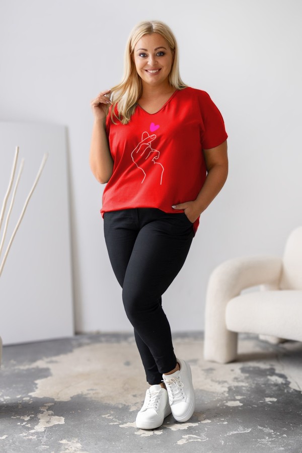 Bluzka damska T-shirt plus size w kolorze czerwonym nadruk dłoń hand 1