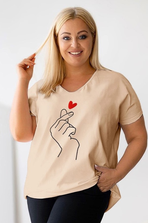 Bluzka damska T-shirt plus size w kolorze beżowym nadruk dłoń hand