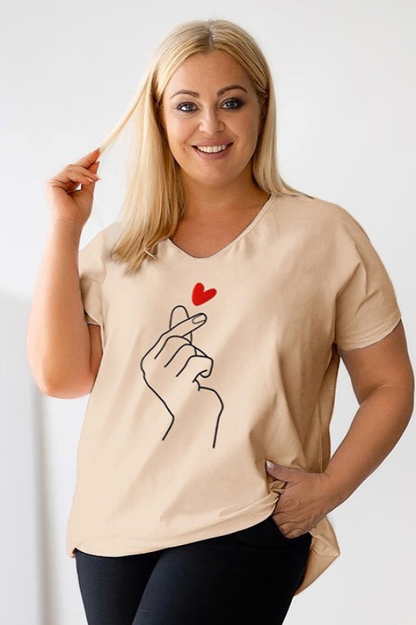 Bluzka damska T-shirt plus size w kolorze beżowym nadruk dłoń hand 2
