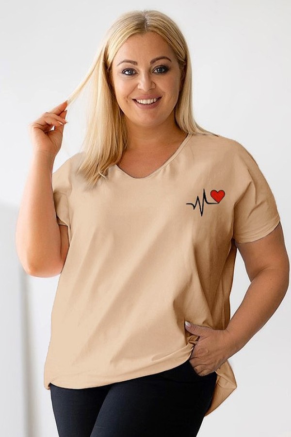 Bluzka damska T-shirt plus size w kolorze latte beż print linia życia serduszko