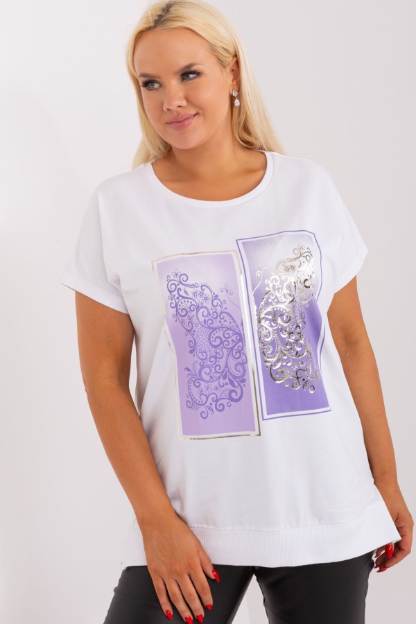 Bluzka damska T-shirt plus size w kolorze białym print fiolet picture rozcięcia Agela