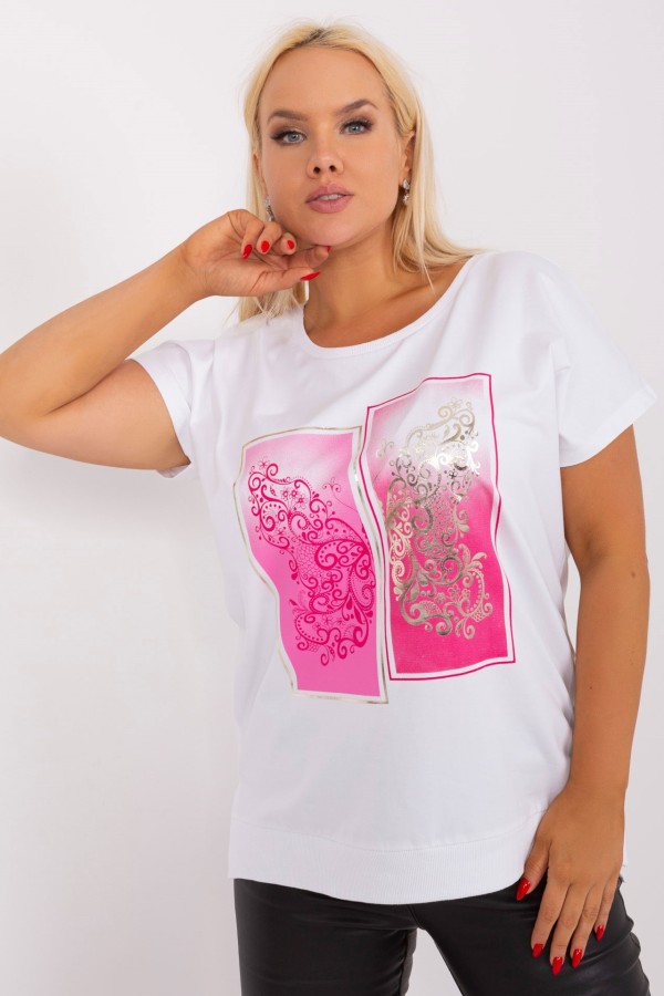 Bluzka damska T-shirt plus size w kolorze białym print róż picture rozcięcia Agela