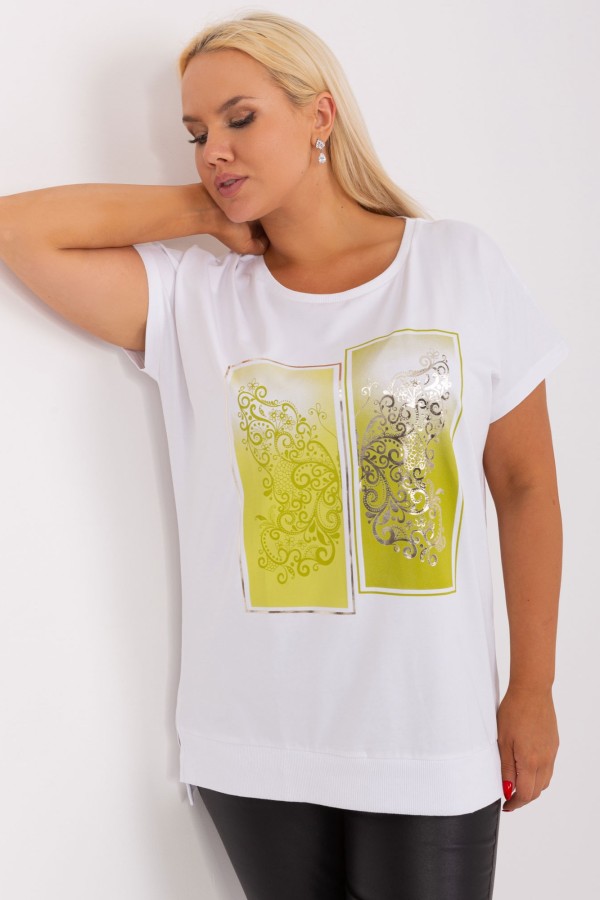 Bluzka damska T-shirt plus size w kolorze białym print limonka picture rozcięcia Agela