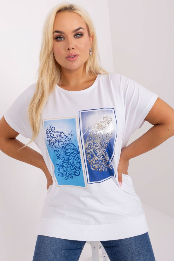 Bluzka damska T-shirt plus size w kolorze białym print blue picture rozcięcia Agela