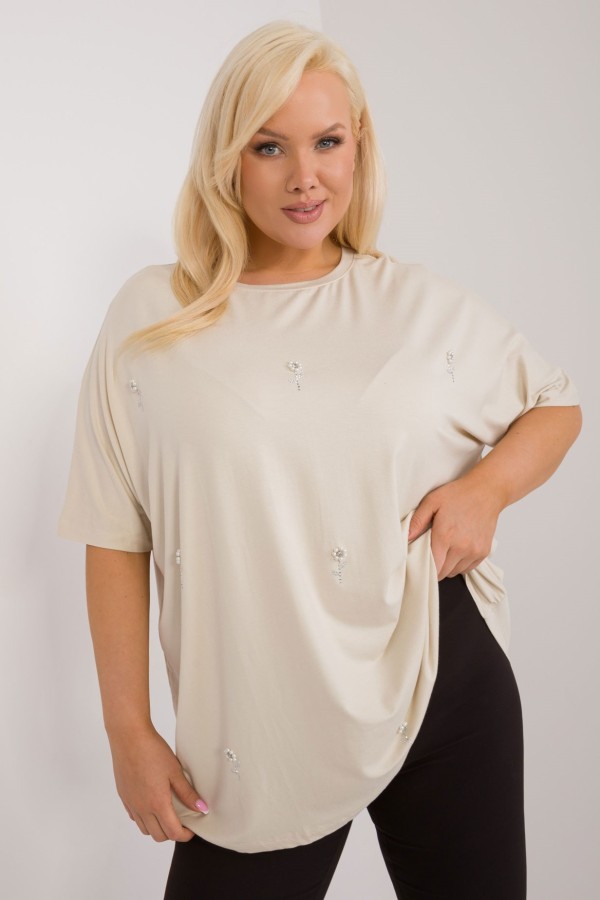 Bluzka plus size w kolorze beżowym oversize kwiaty perełki Pearls