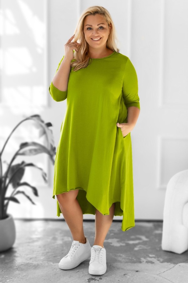 Asymetryczna sukienka plus size w kolorze pistachio rękaw 3/4 długie boki kieszenie Anett