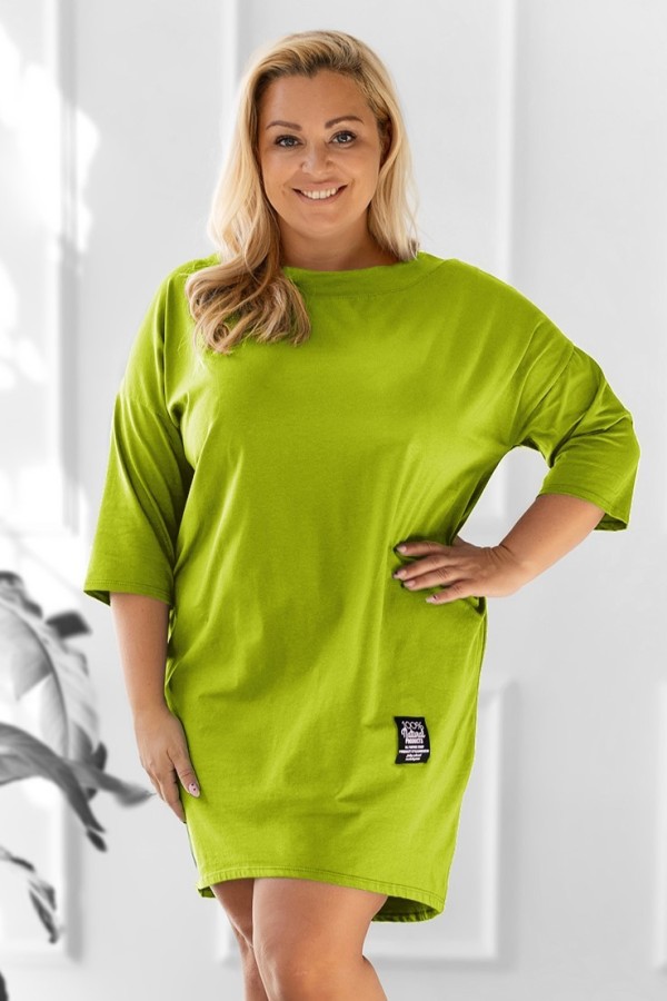 Sukienka plus size w kolorze pistachio z rękawem 3/4 naszywka MILAGROS