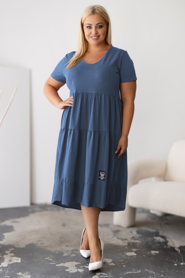 Sukienka plus size w kolorze denim krótki rękawem falbany V dekolt Samanta