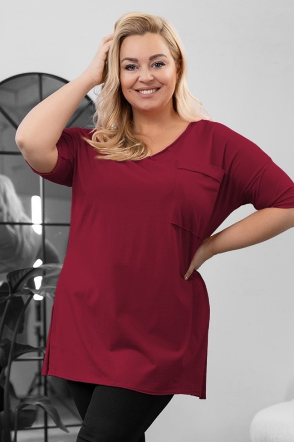 Tunika damska w kolorze burgundowym bluzka oversize v-neck kieszeń Polina