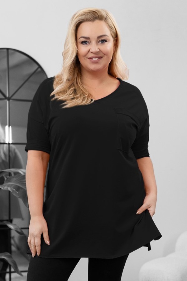 Tunika damska w kolorze czarnym bluzka oversize v-neck kieszeń Polina