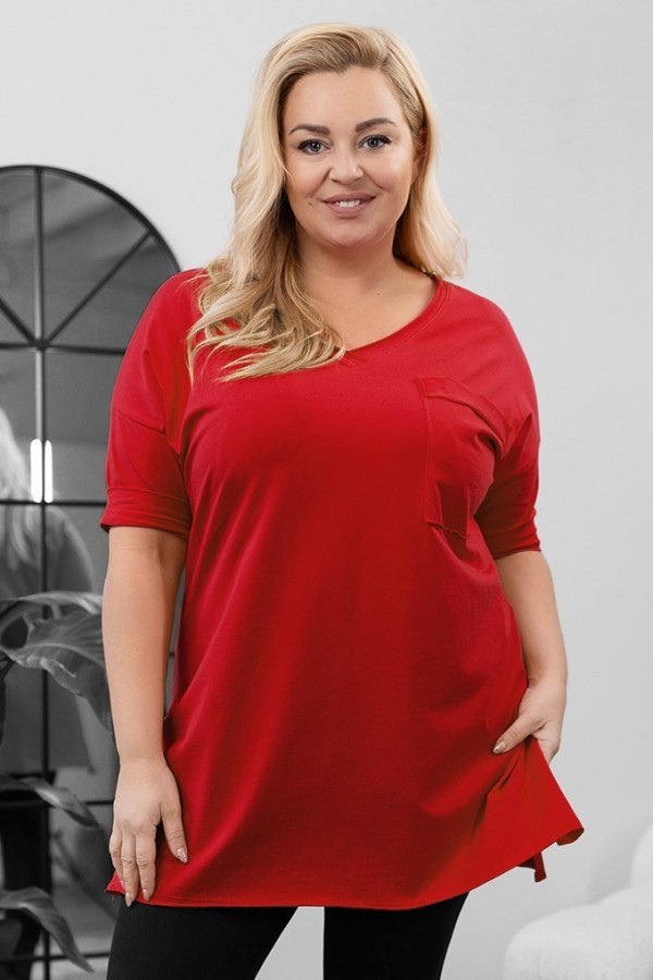 Tunika damska w kolorze czerwonym t-shirt oversize v-neck kieszeń Polina