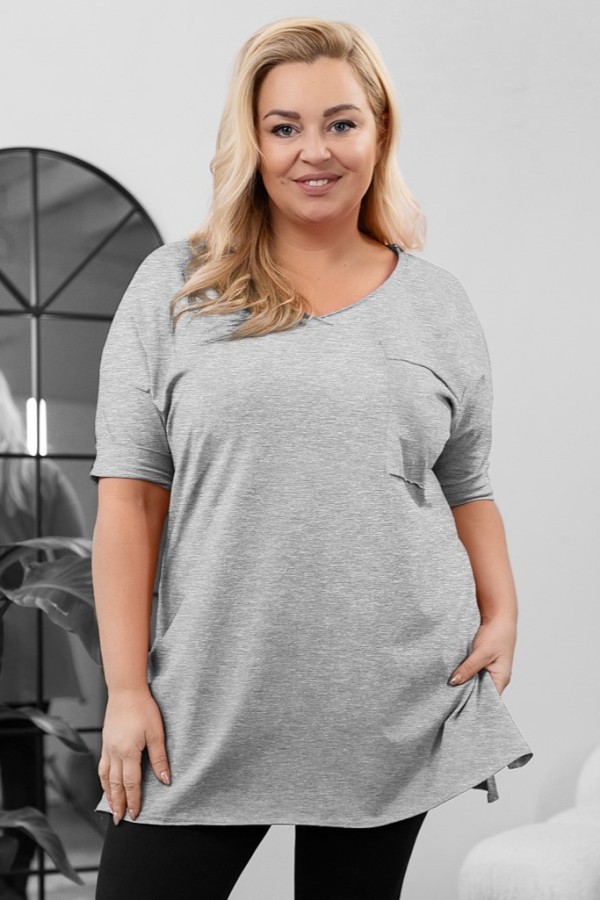 Tunika damska w kolorze szary melanż oversize v-neck kieszeń Polina