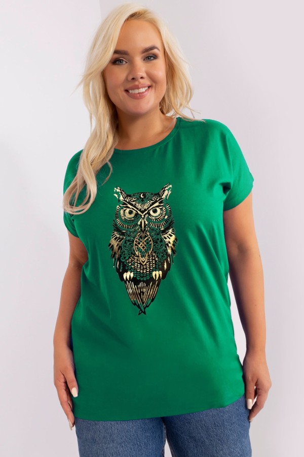 T-shirt damski plus size nietoperz w kolorze zielonym print sowa owl