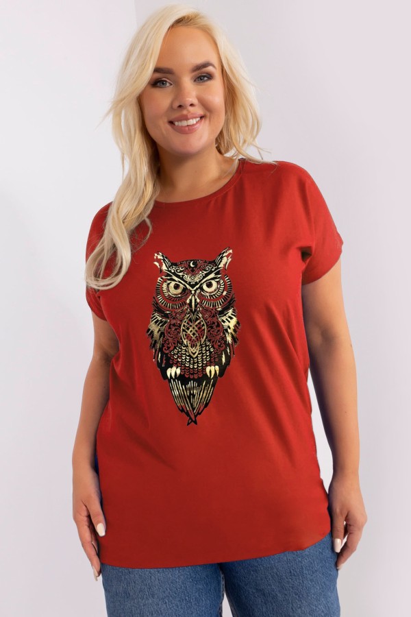 T-shirt damski plus size nietoperz w kolorze ceglastym print sowa owl