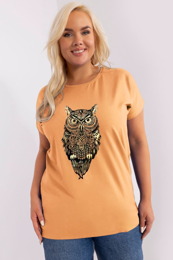 T-shirt damski plus size nietoperz w kolorze morelowym print sowa owl