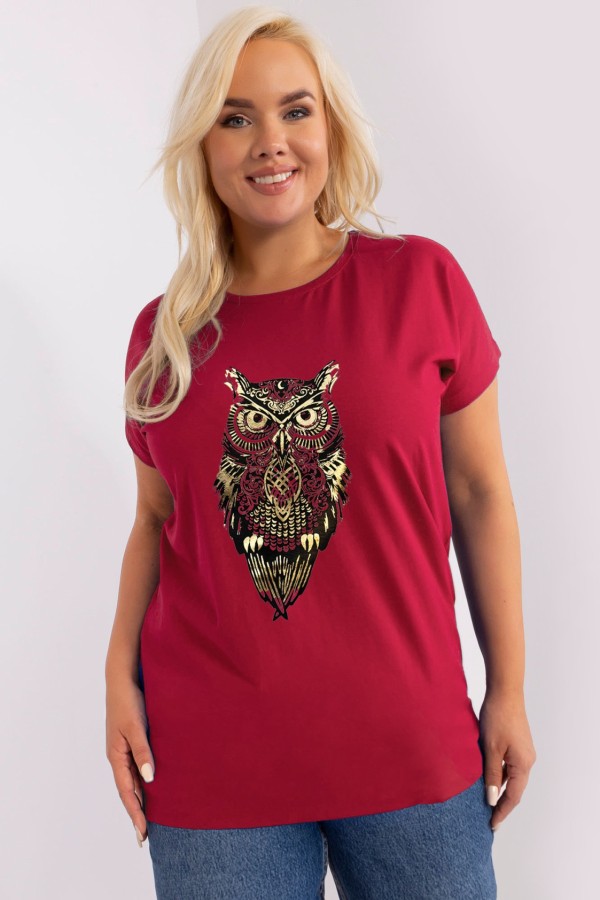 T-shirt damski plus size nietoperz w kolorze wiśniowym print sowa owl