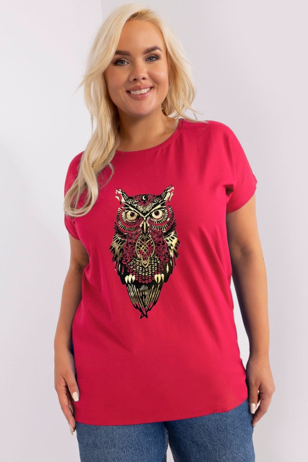 T-shirt damski plus size nietoperz w kolorze malinowym print sowa owl