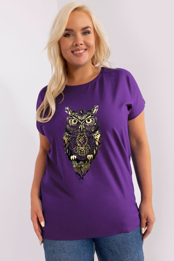 T-shirt damski plus size nietoperz w kolorze jagodowym print sowa owl