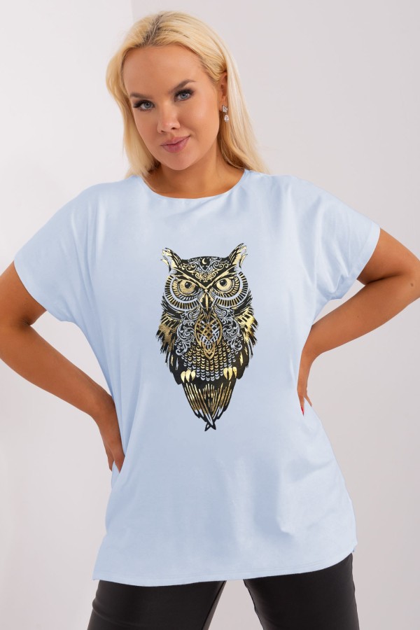 T-shirt damski plus size nietoperz w kolorze błękitnym print sowa owl