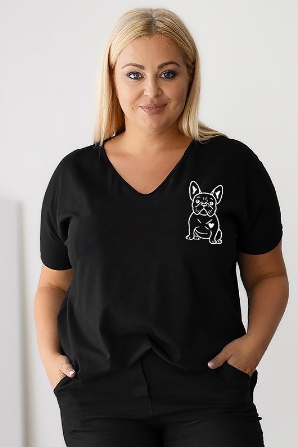 T-shirt damski plus size w kolorze czarnym dekolt w serek V-neck nadruk piesek dog BULDOG