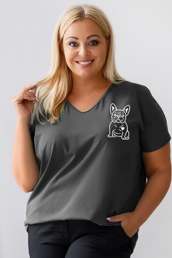 T-shirt damski plus size w kolorze grafitowym dekolt w serek V-neck nadruk piesek dog BULDOG