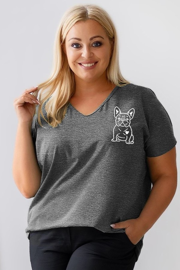 T-shirt damski plus size w kolorze grafitowy melanż dekolt w serek V-neck nadruk piesek dog BULDOG