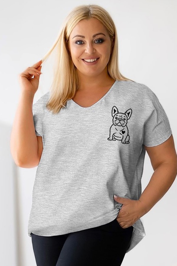 T-shirt damski plus size w kolorze szary melanż dekolt w serek V-neck nadruk piesek dog BULDOG