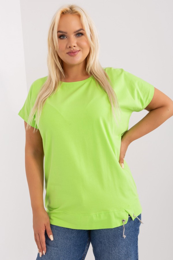 Bluzka damska T-SHIRT plus size w kolorze limonkowym rozcięcie ozdobny sznureczek Paige