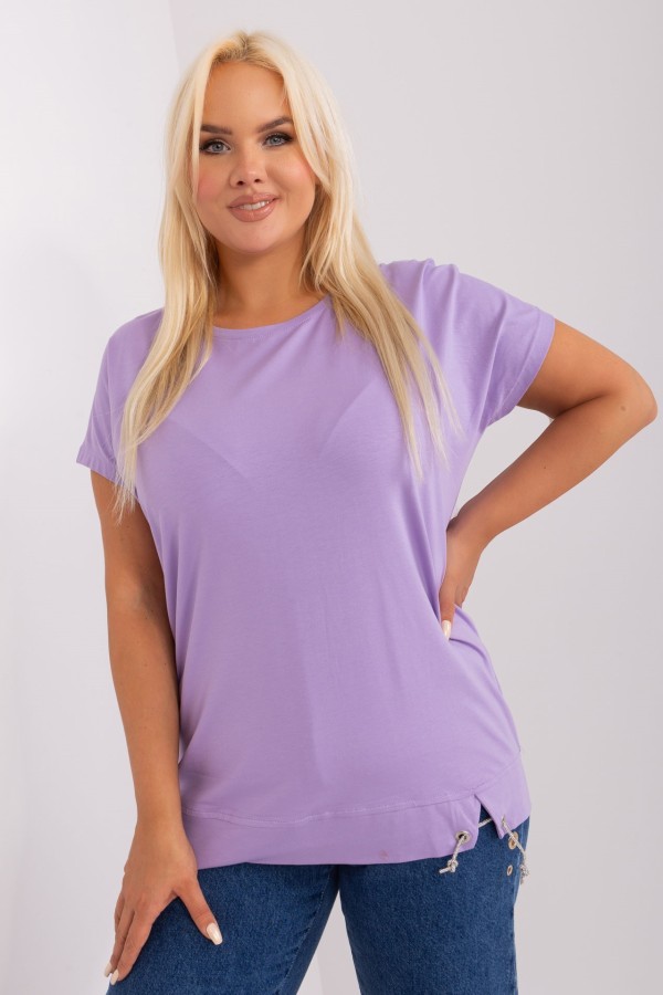 Bluzka damska plus size T-SHIRT w kolorze lila fiolet rozcięcie ozdobny sznureczek Paige