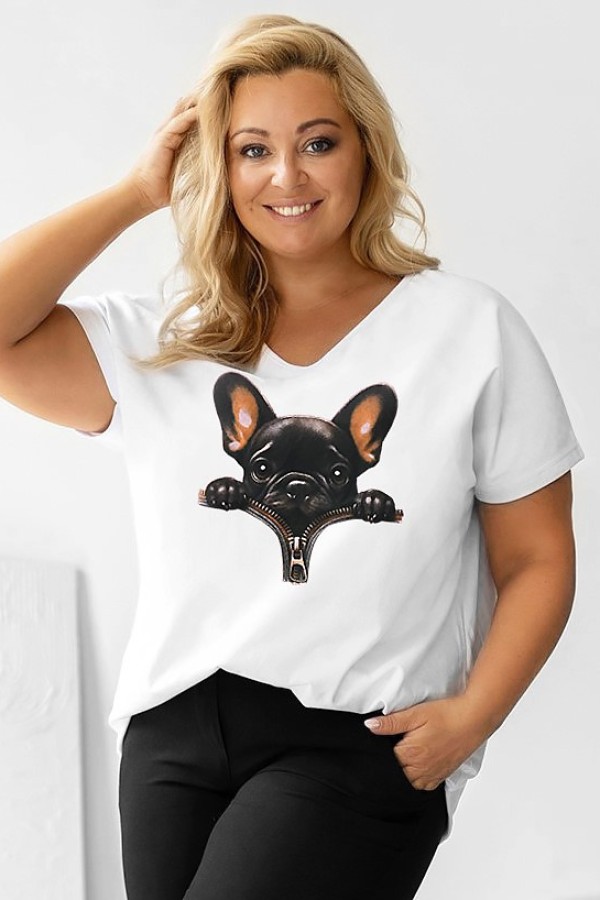 T-shirt damski plus size w kolorze białym dekolt w serek nadruk piesek zip