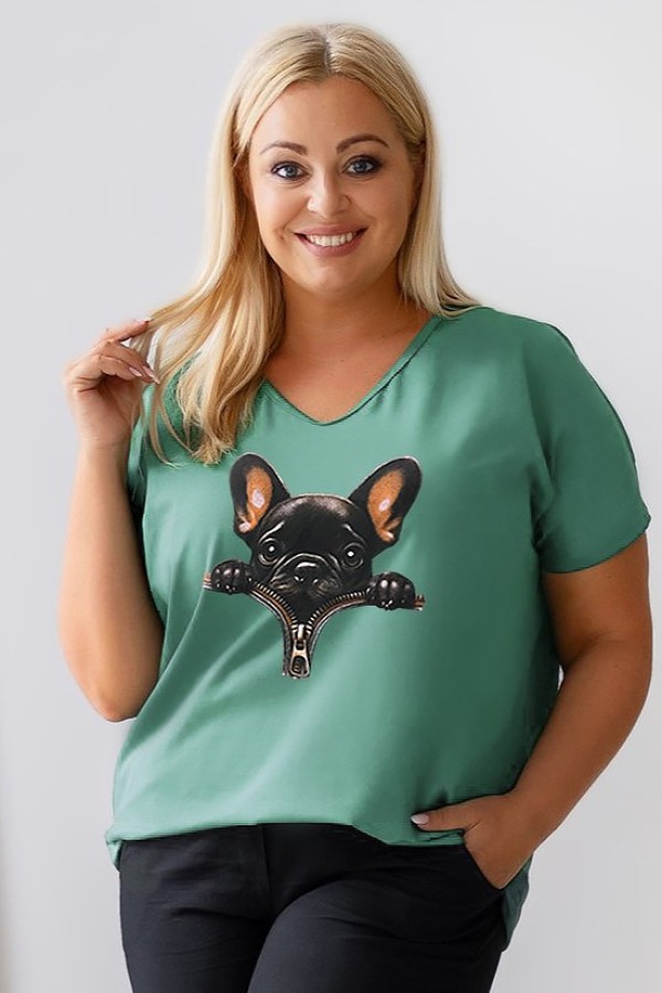 T-shirt damski plus size w kolorze dark mint dekolt w serek nadruk piesek zip