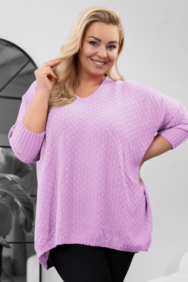 MEGA oversize sweter damski w kolorze lila fiolet dekolt V wytłaczany DEZI