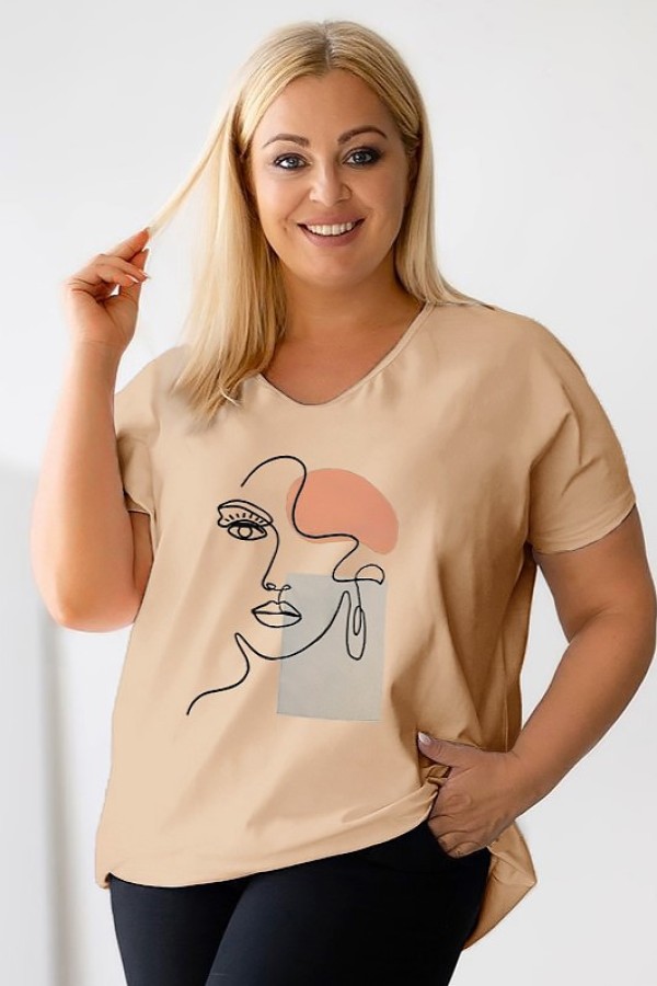 T-shirt damski plus size w kolorze beżowym nadruk twarz line art face EMA 2