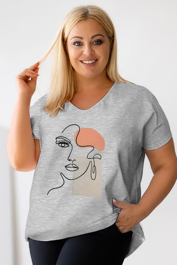 T-shirt damski plus size w kolorze szarego melanżu nadruk twarz line art face EMA