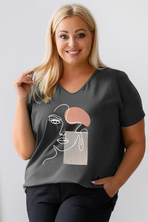 T-shirt damski plus size w kolorze grafitowym nadruk twarz line art face EMA 2
