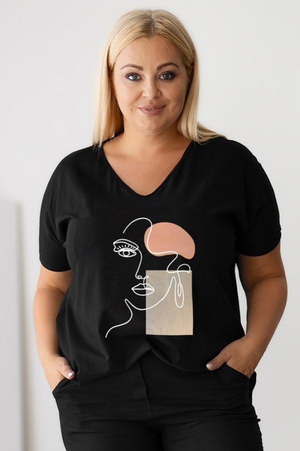 T-shirt damski plus size w kolorze czarnym nadruk twarz line art face EMA