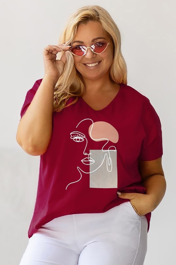 T-shirt damski plus size w kolorze burgundowym nadruk twarz line art face EMA 2